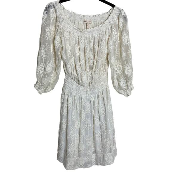 Rebecca Taylor size 2 Mini Dress Cream Silk Lace Long Sleeve Fitted Waist - Picture 1 of 7